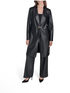 NWT HALSTON Women's Long Vegan Leather Gold Hardware Jacket Sz 8